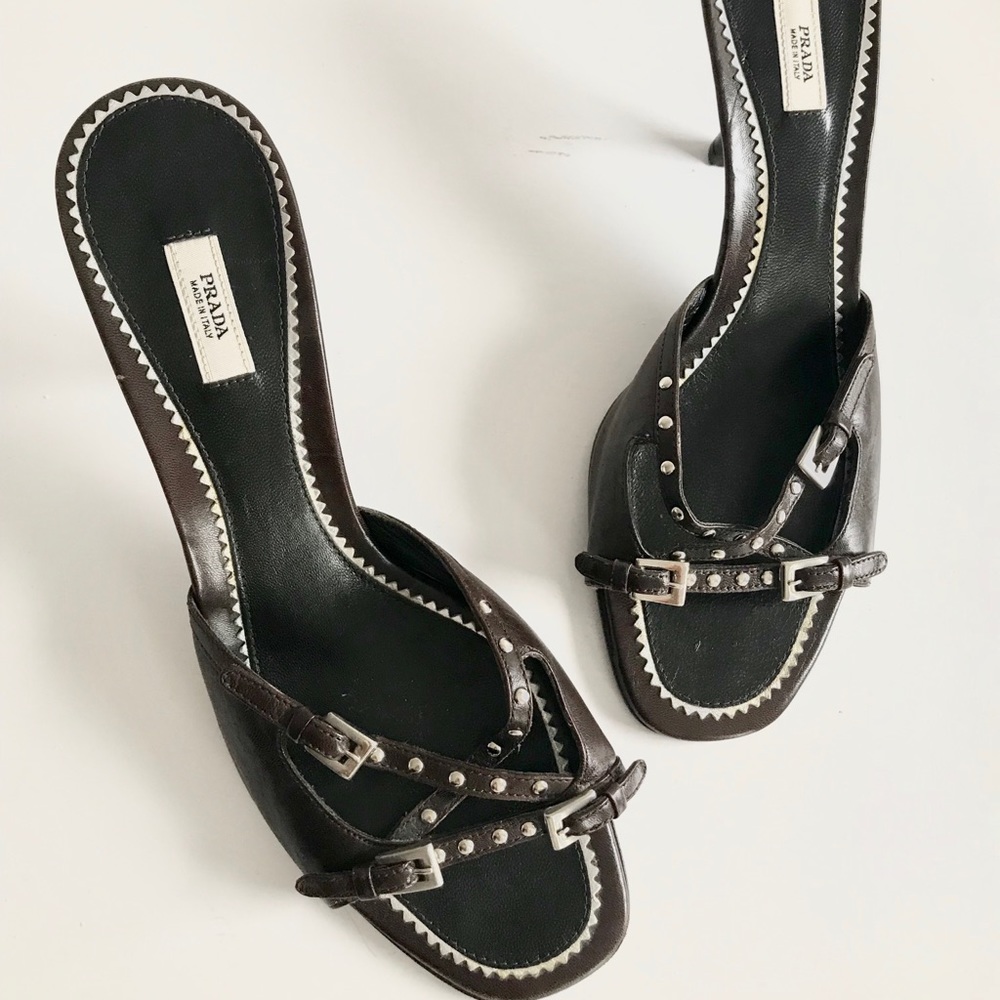 Prada Brown Strappy Studded Low Heel Sandals - Picture 2 of 6